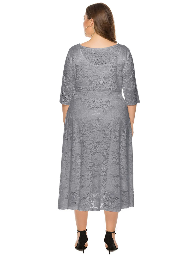 Plus Size Midi Dress with Contrasting Lace-Black-XL-State of Style
