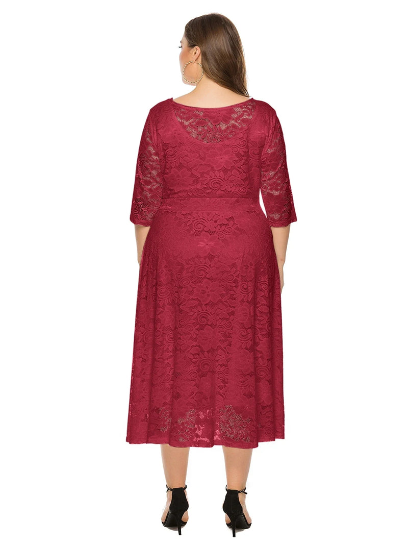 Plus Size Midi Dress with Contrasting Lace-Black-XL-State of Style