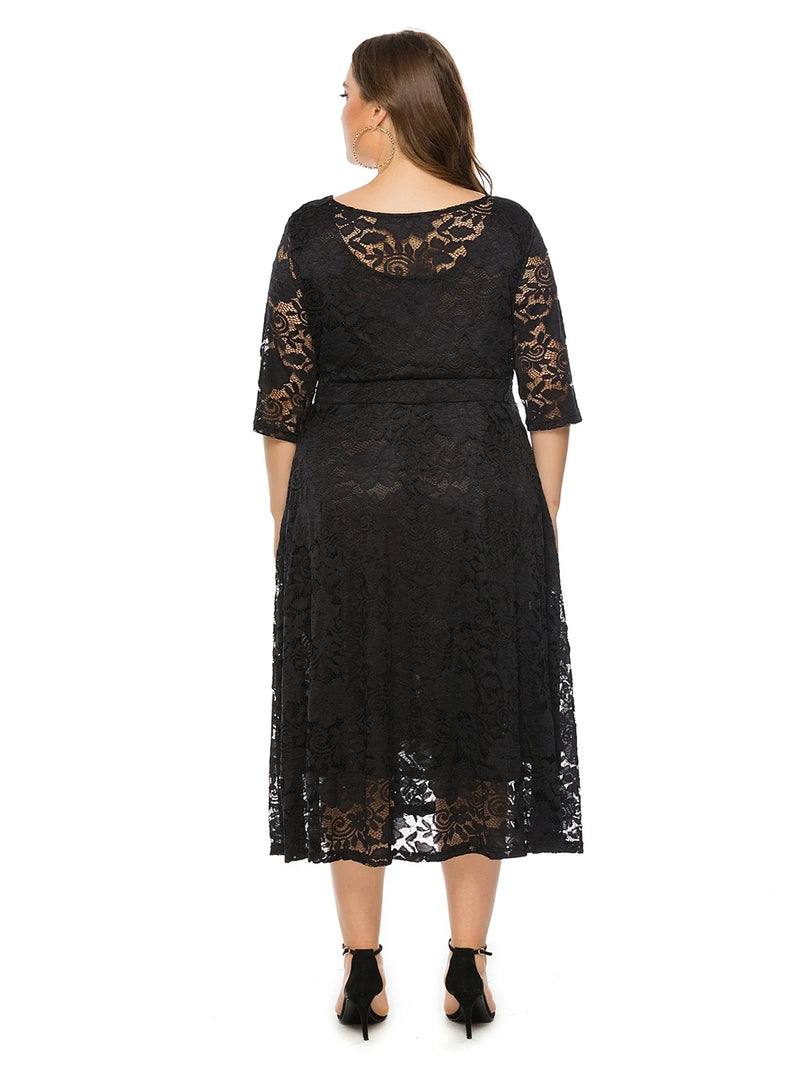 Plus Size Midi Dress with Contrasting Lace-Black-XL-State of Style