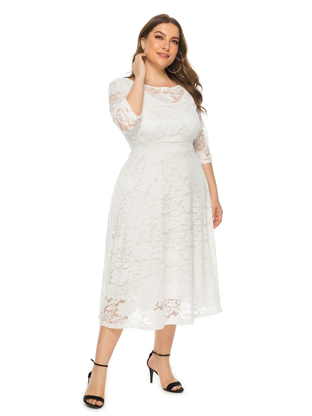Plus Size Midi Dress with Contrasting Lace-Black-XL-State of Style