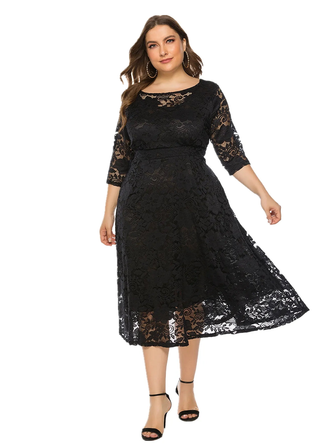 Plus Size Midi Dress with Contrasting Lace-Black-XL-State of Style
