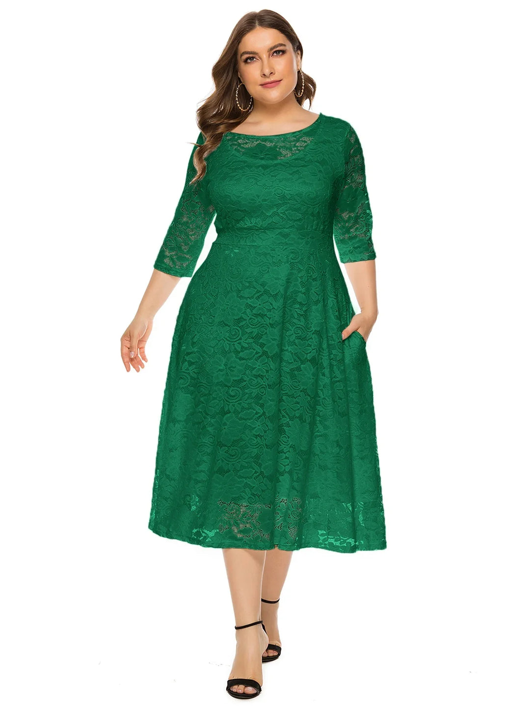 Plus Size Midi Dress with Contrasting Lace-Green-XL-State of Style