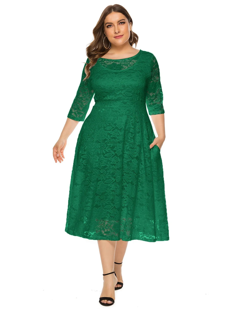 Plus Size Midi Dress with Contrasting Lace-Green-XL-State of Style