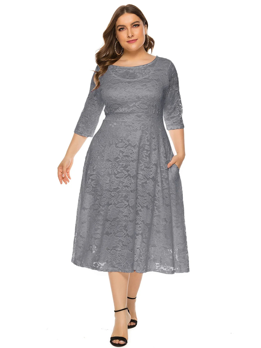 Plus Size Midi Dress with Contrasting Lace-Grey-XL-State of Style