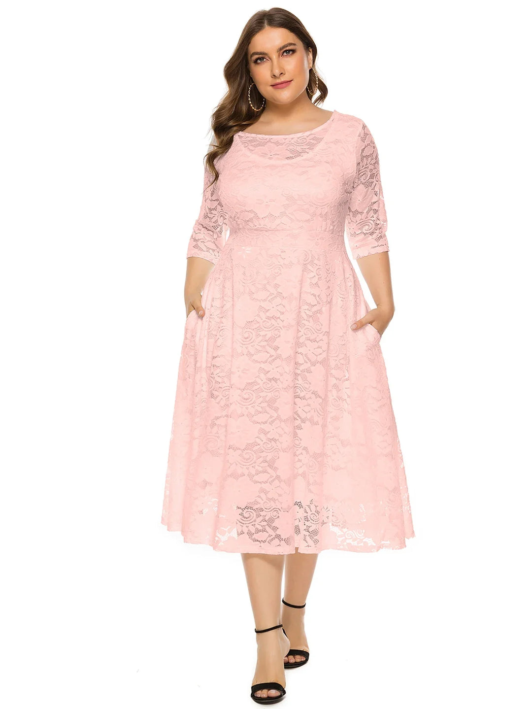 Plus Size Midi Dress with Contrasting Lace-Pink-XL-State of Style