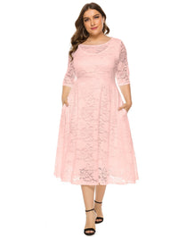 Plus Size Midi Dress with Contrasting Lace-Pink-XL-State of Style