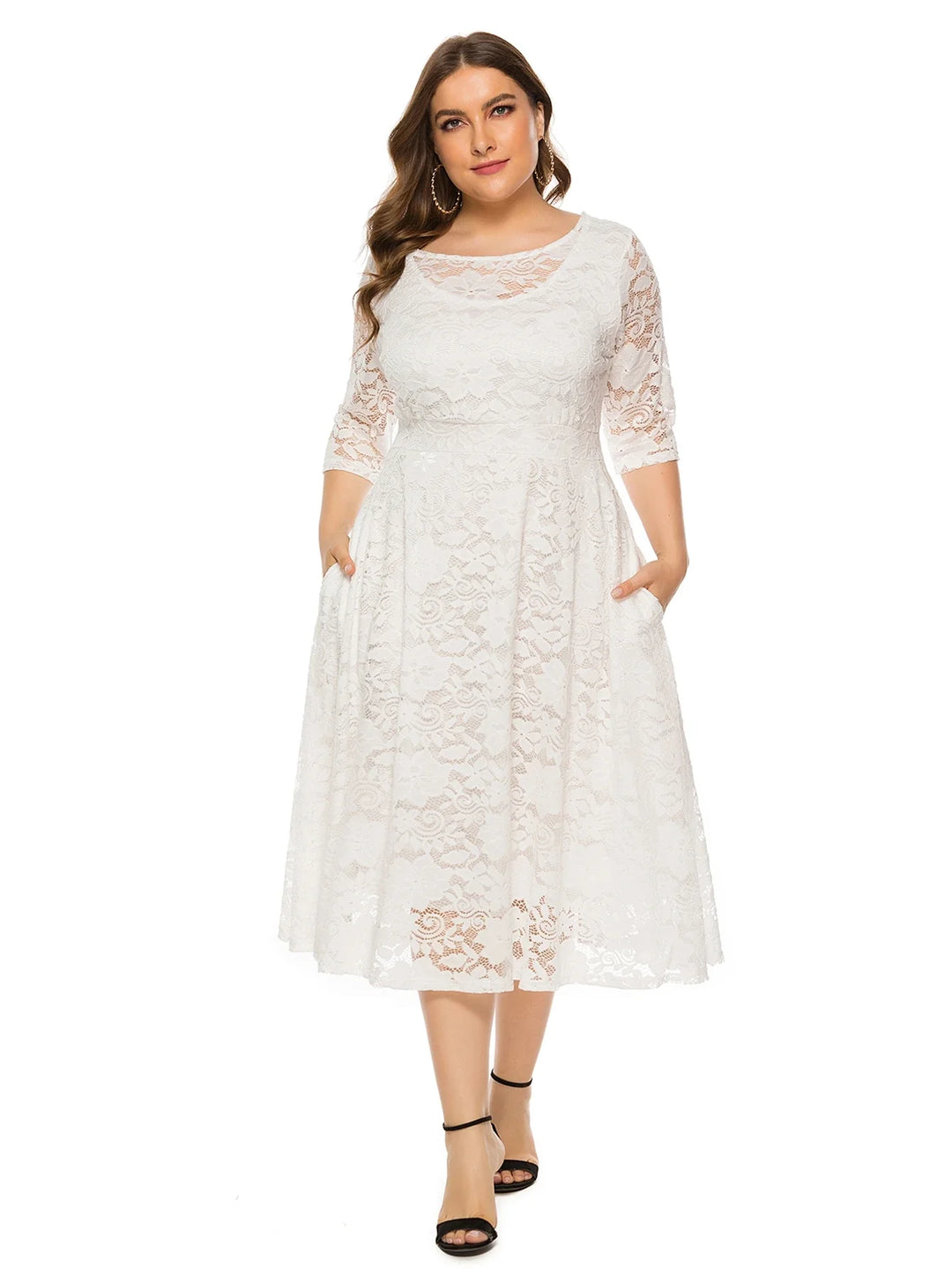 Plus Size Midi Dress with Contrasting Lace-White-XL-State of Style