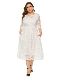 Plus Size Midi Dress with Contrasting Lace-White-XL-State of Style