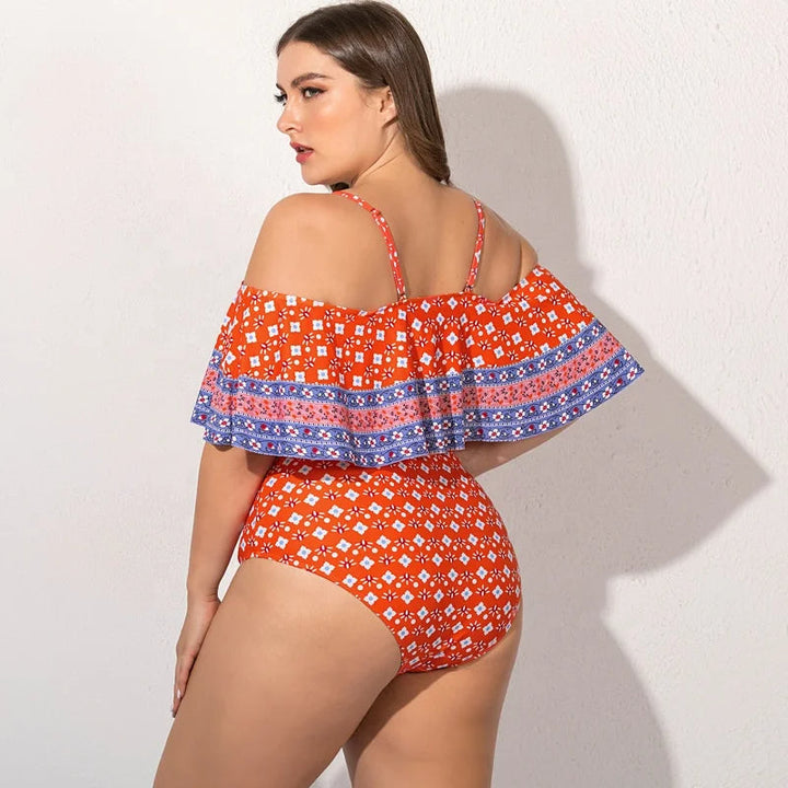 Plus Size Off Shoulder One-Piece Swimsuit-Red-2XL-State of Style
