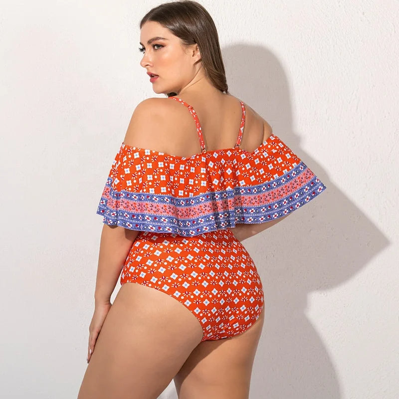 Plus Size Off Shoulder One-Piece Swimsuit-Red-2XL-State of Style