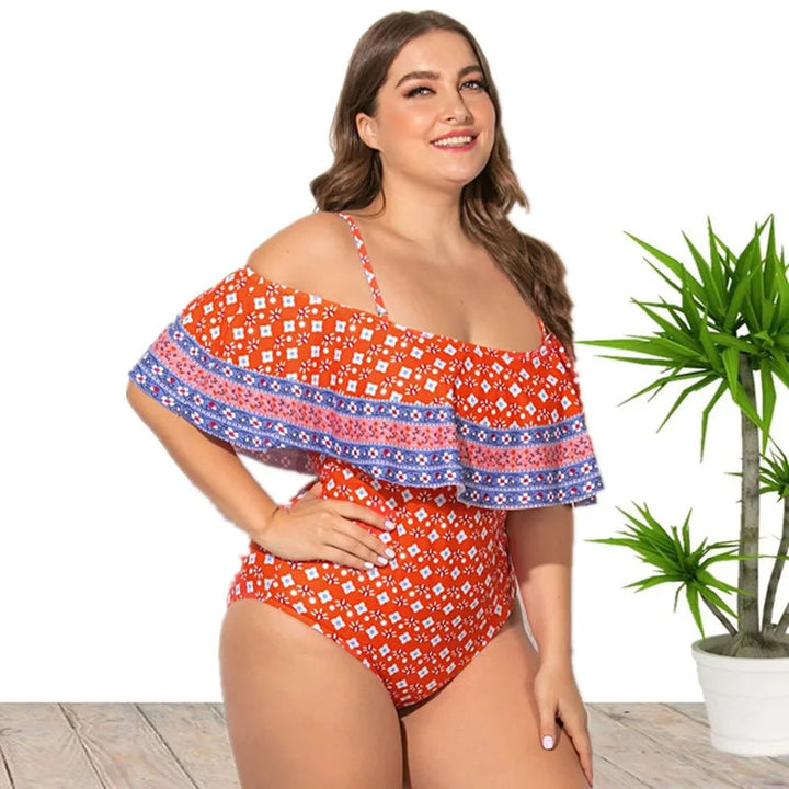 Plus Size Off Shoulder One-Piece Swimsuit-Red-2XL-State of Style