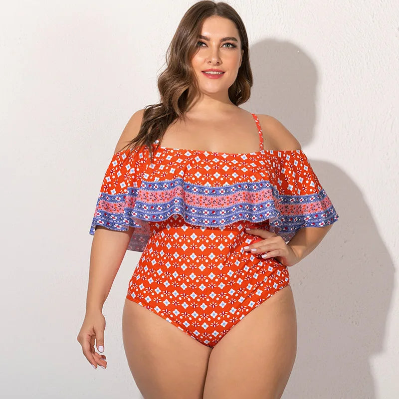 Plus Size Off Shoulder One-Piece Swimsuit-Red-2XL-State of Style