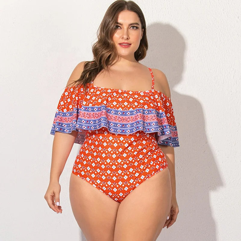 Plus Size Off Shoulder One-Piece Swimsuit-Red-2XL-State of Style