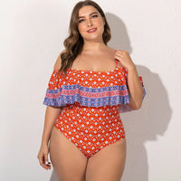 Plus Size Off Shoulder One-Piece Swimsuit-Red-2XL-State of Style