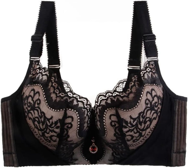 Plus Size Palm Print Lace Bra – Supportive & Stylish-Black-12C-State of Style
