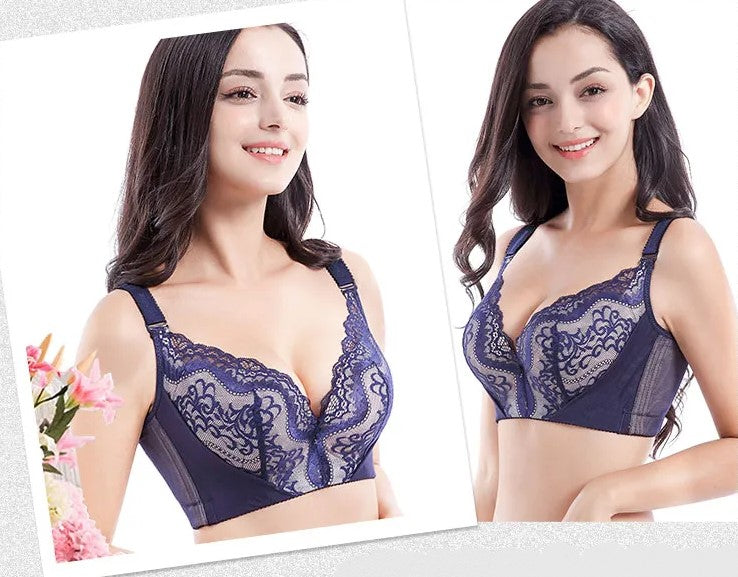 Plus Size Palm Print Lace Bra – Supportive & Stylish-Blue-12C-State of Style