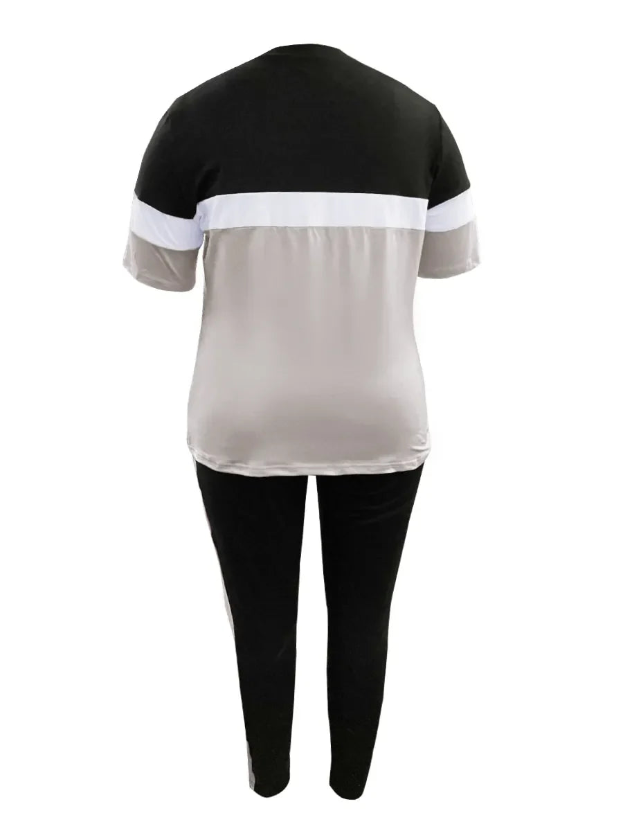 Plus-Size Patchwork Drawstring Pants Set-Pink-XL-State of Style