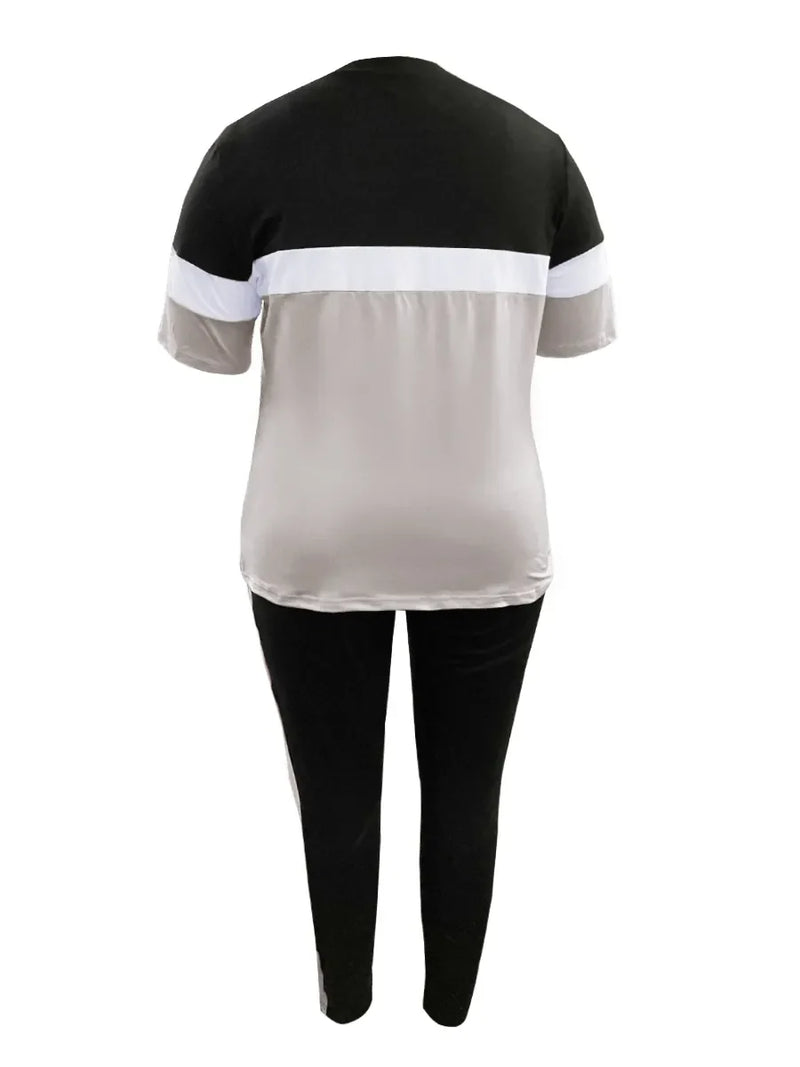 Plus-Size Patchwork Drawstring Pants Set-Pink-XL-State of Style