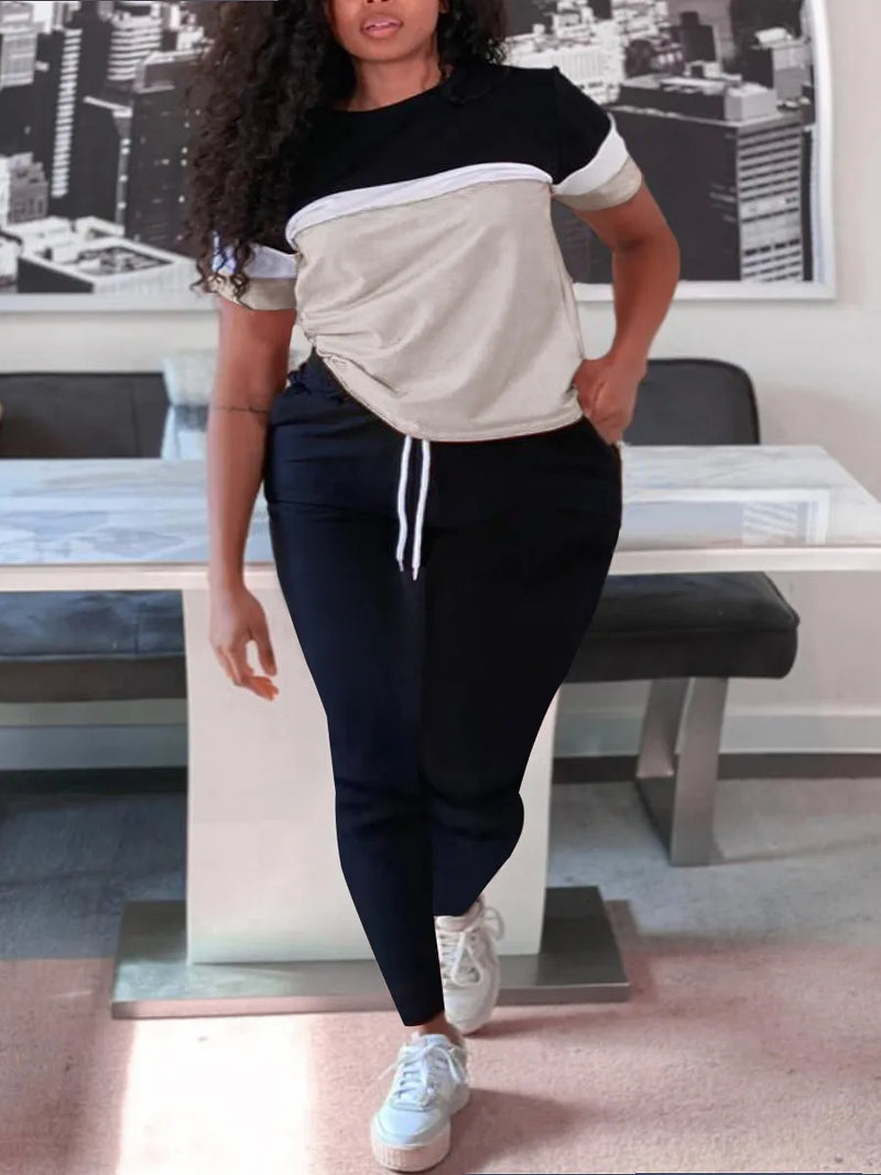 Plus-Size Patchwork Drawstring Pants Set-Pink-XL-State of Style