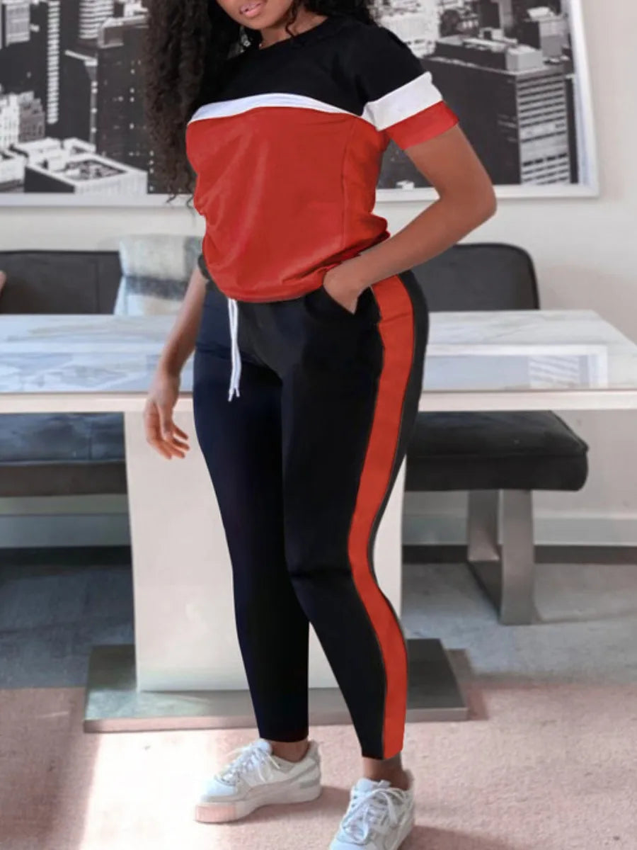 Plus-Size Patchwork Drawstring Pants Set-Pink-XL-State of Style