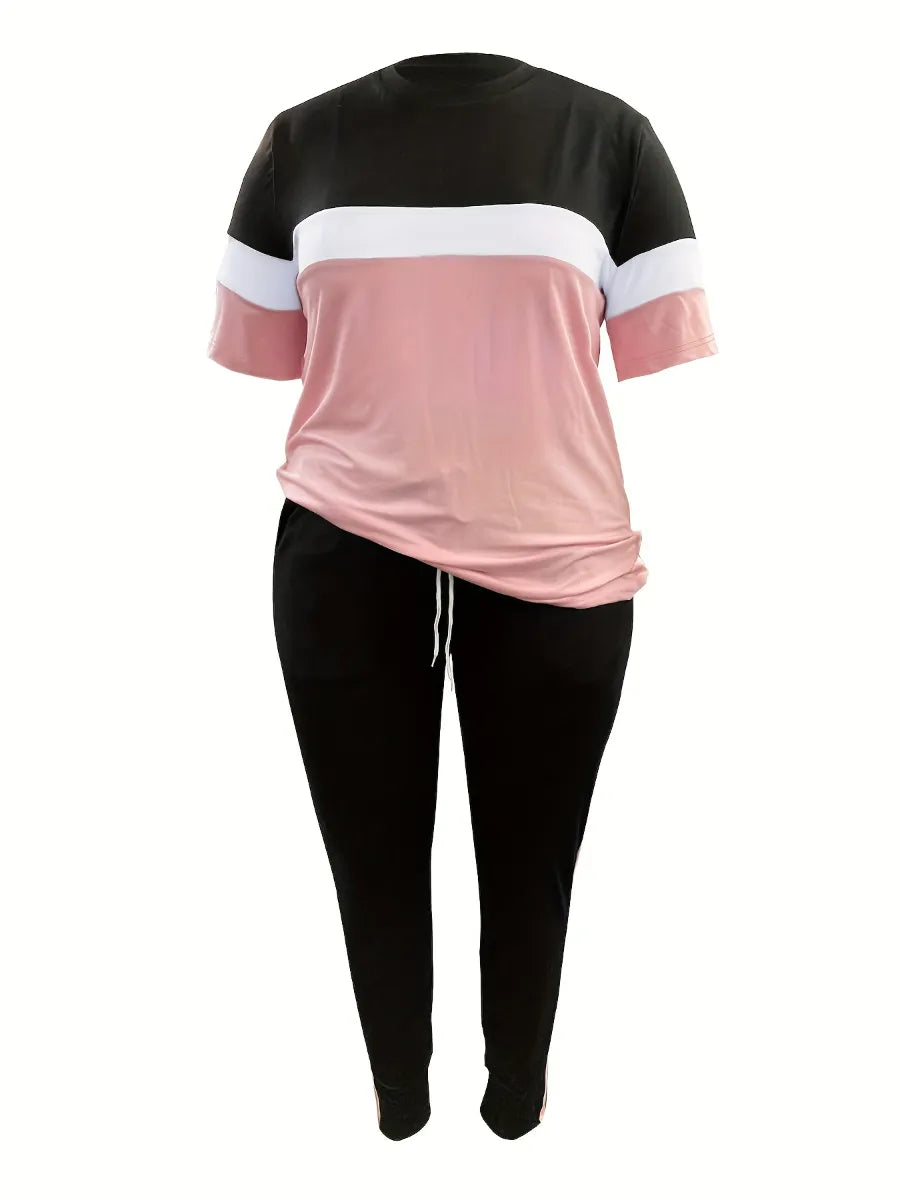 Plus-Size Patchwork Drawstring Pants Set-Pink-XL-State of Style