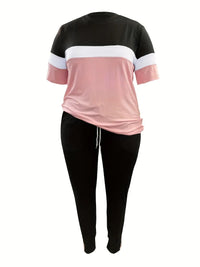 Plus-Size Patchwork Drawstring Pants Set-Pink-XL-State of Style