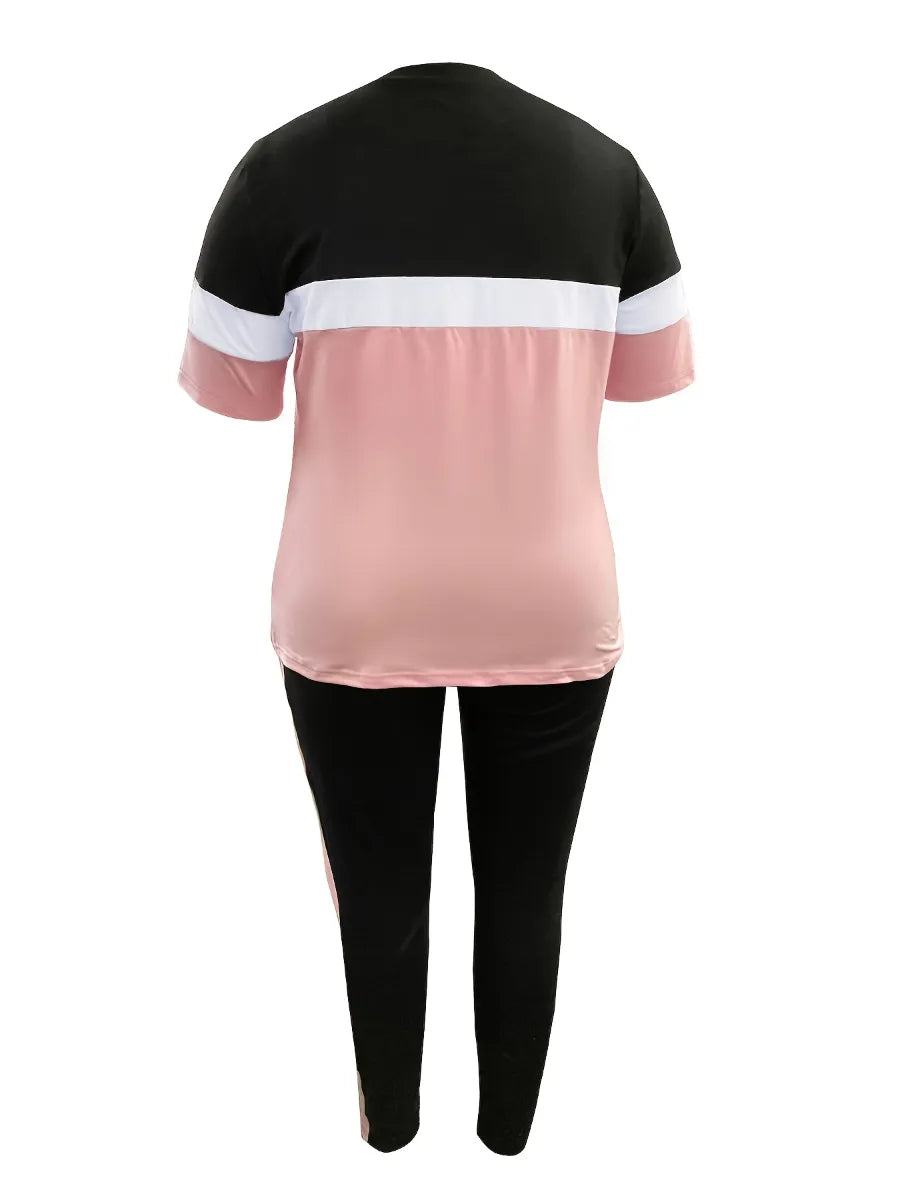 Plus-Size Patchwork Drawstring Pants Set-Pink-XL-State of Style