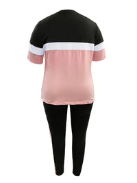 Plus-Size Patchwork Drawstring Pants Set-Pink-XL-State of Style