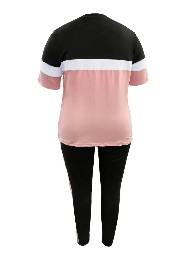 Plus-Size Patchwork Drawstring Pants Set-Pink-XL-State of Style