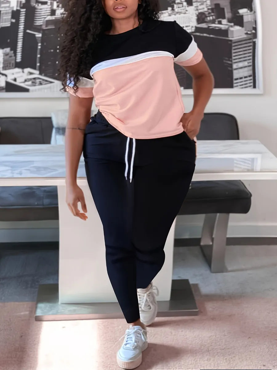 Plus-Size Patchwork Drawstring Pants Set-Pink-XL-State of Style