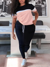 Plus-Size Patchwork Drawstring Pants Set-Pink-XL-State of Style