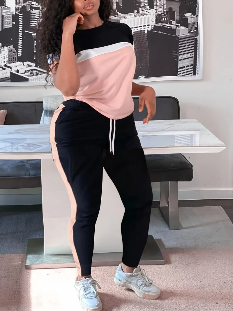 Plus-Size Patchwork Drawstring Pants Set-Pink-XL-State of Style
