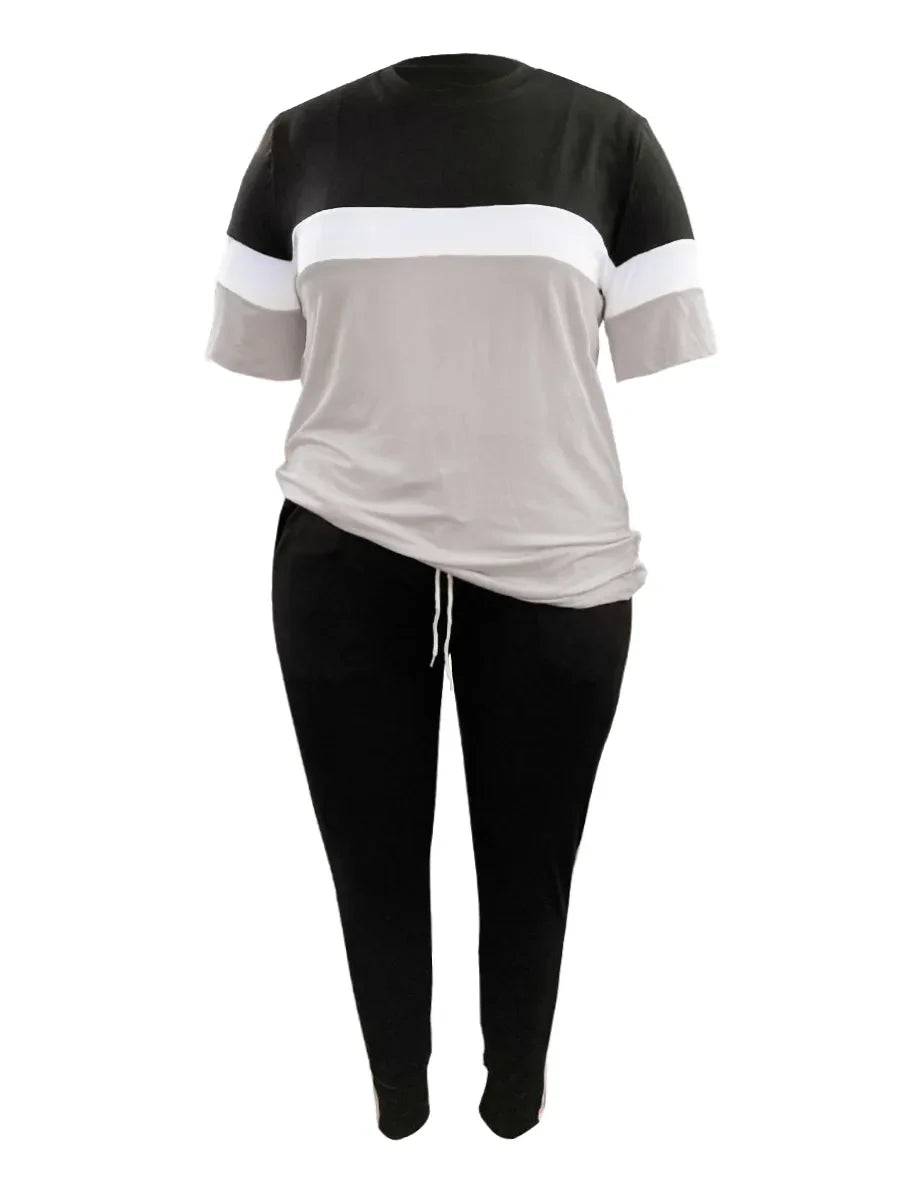 Plus-Size Patchwork Drawstring Pants Set-Pink-XL-State of Style