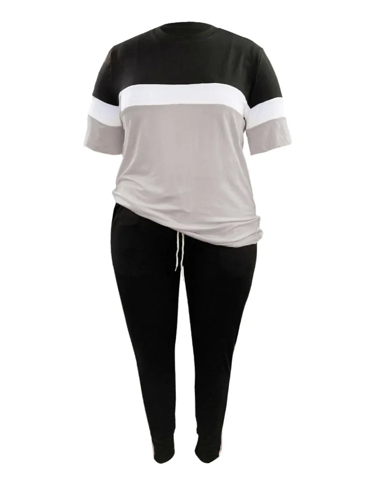 Plus-Size Patchwork Drawstring Pants Set-Pink-XL-State of Style