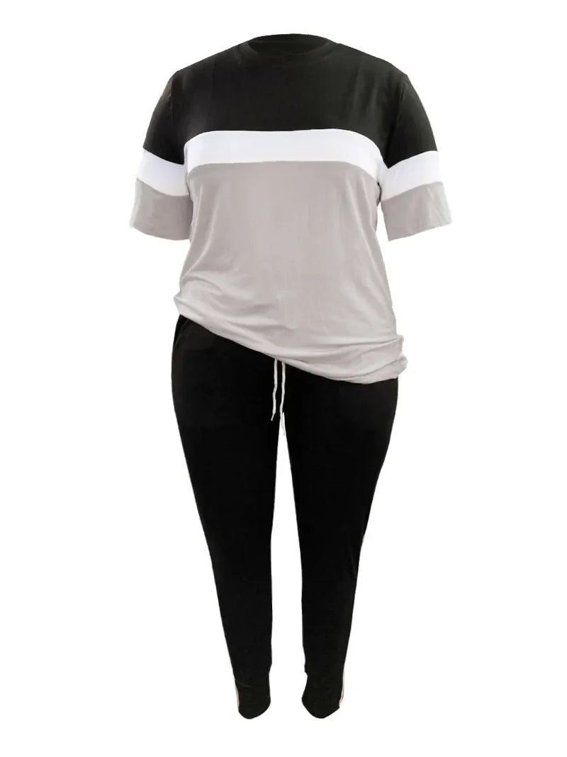 Plus-Size Patchwork Drawstring Pants Set-Pink-XL-State of Style