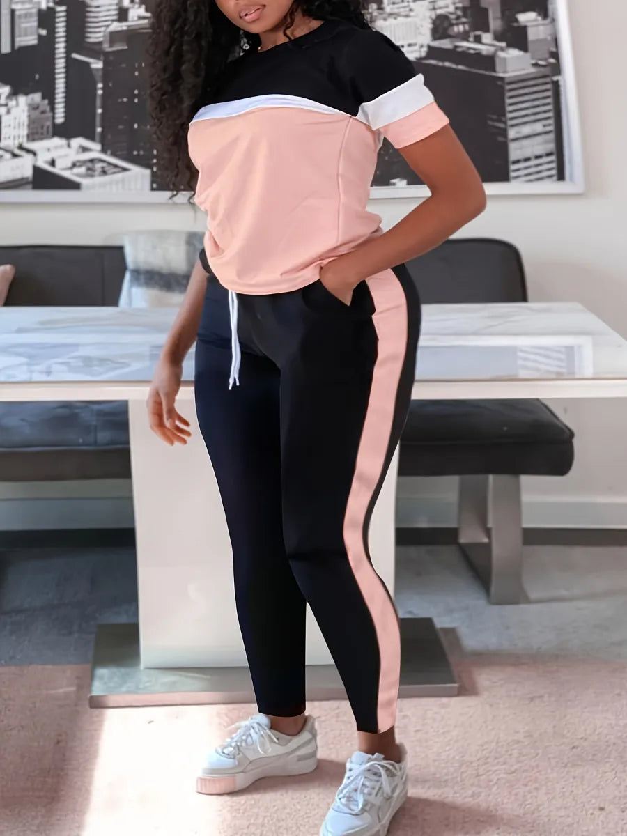 Plus-Size Patchwork Drawstring Pants Set-Pink-XL-State of Style