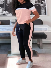 Plus-Size Patchwork Drawstring Pants Set-Pink-XL-State of Style