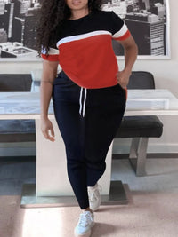 Plus-Size Patchwork Drawstring Pants Set-Red-XL-State of Style