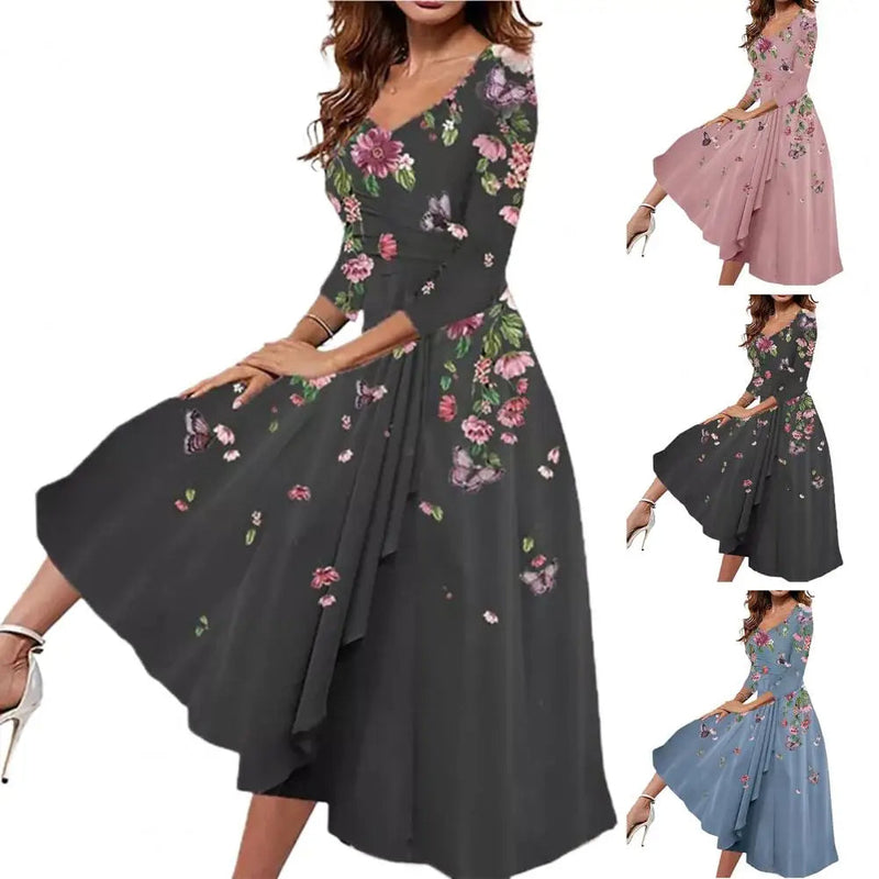 Plus Size Summer Dress with Butterfly Blooms & V-Neck-Black-2XL-State of Style