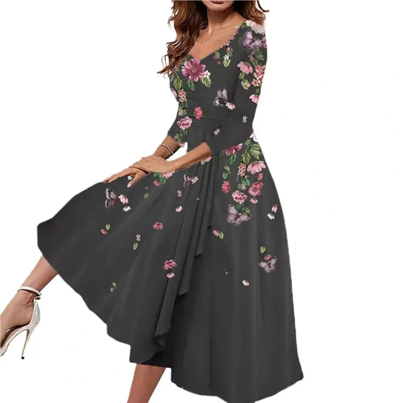 Plus Size Summer Dress with Butterfly Blooms & V-Neck-Black-2XL-State of Style
