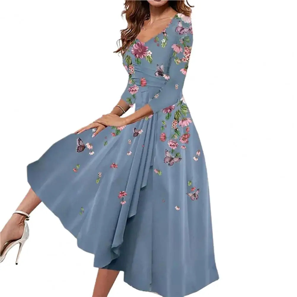 Plus Size Summer Dress with Butterfly Blooms & V-Neck-Blue-2XL-State of Style