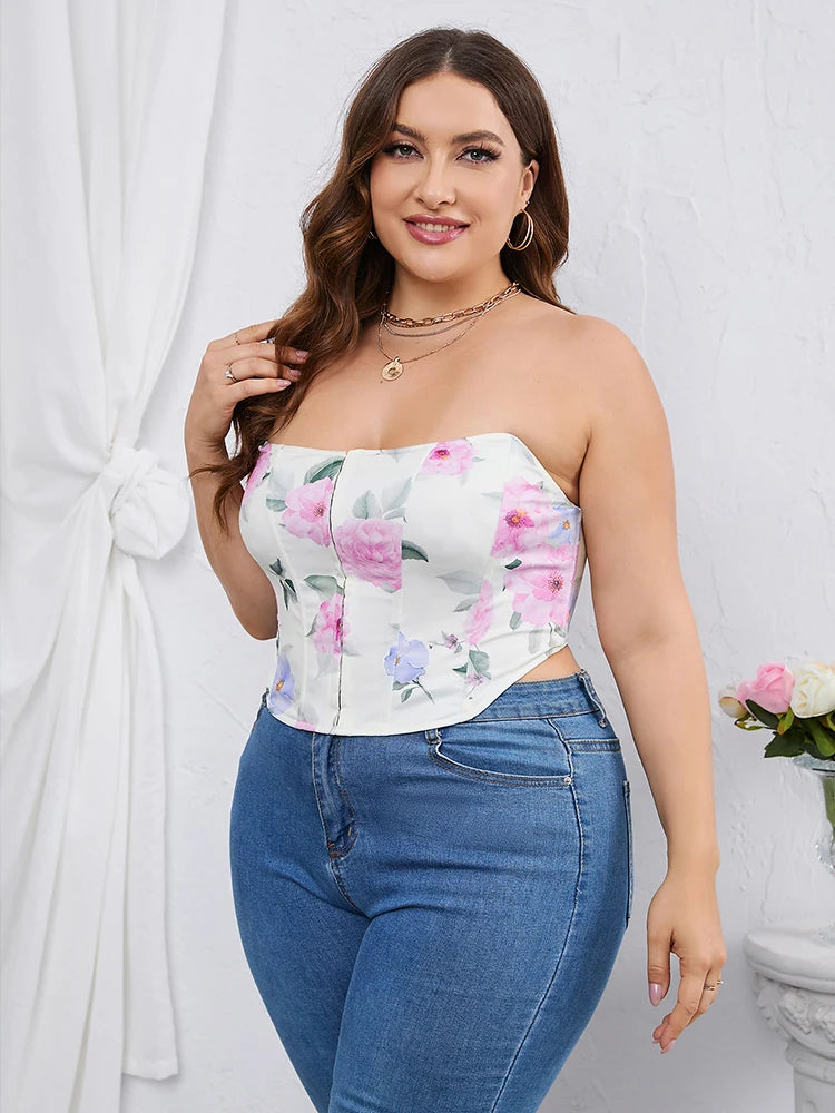 Plus Size Summer Night Bandage Top – Sexy Backless Clubwear-White Floral Print-2XL-State of Style