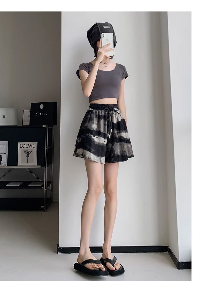 Plus-Size Tie-Dye Ink Print Shorts with High Waist-Black-2XL-State of Style