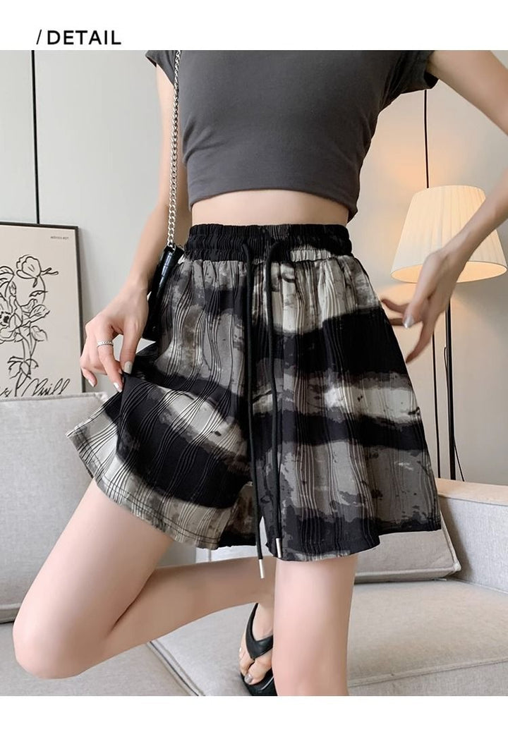 Plus-Size Tie-Dye Ink Print Shorts with High Waist-Black-2XL-State of Style