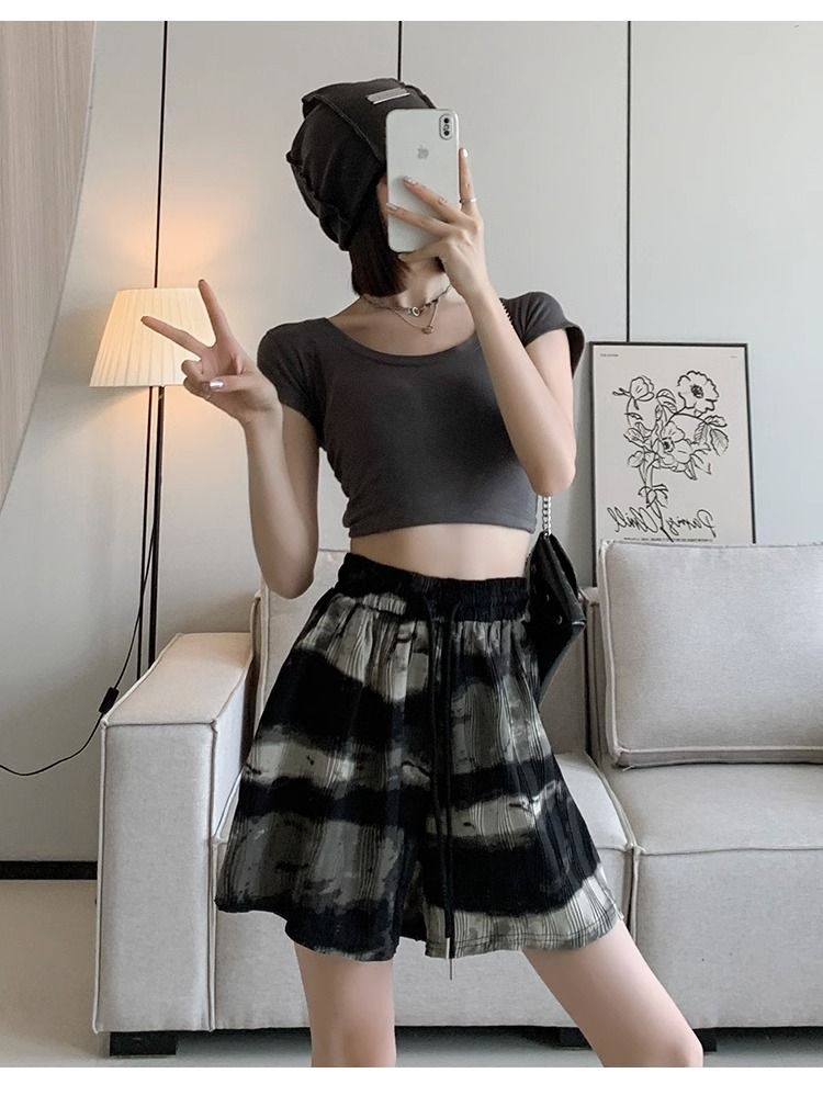 Plus-Size Tie-Dye Ink Print Shorts with High Waist-Black-2XL-State of Style