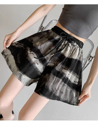 Plus-Size Tie-Dye Ink Print Shorts with High Waist-Black-2XL-State of Style