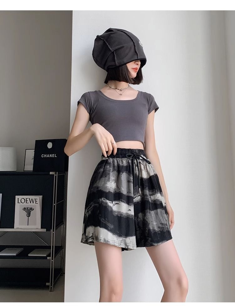 Plus-Size Tie-Dye Ink Print Shorts with High Waist-Black-2XL-State of Style