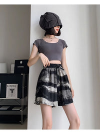 Plus-Size Tie-Dye Ink Print Shorts with High Waist-Black-2XL-State of Style