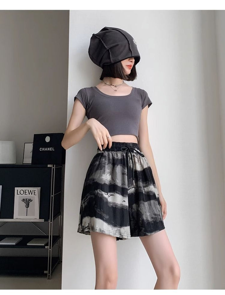 Plus-Size Tie-Dye Ink Print Shorts with High Waist-Black-2XL-State of Style