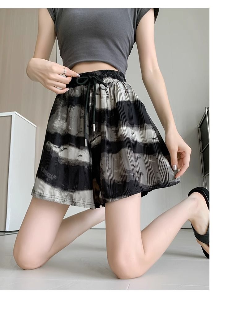 Plus-Size Tie-Dye Ink Print Shorts with High Waist-Black-2XL-State of Style